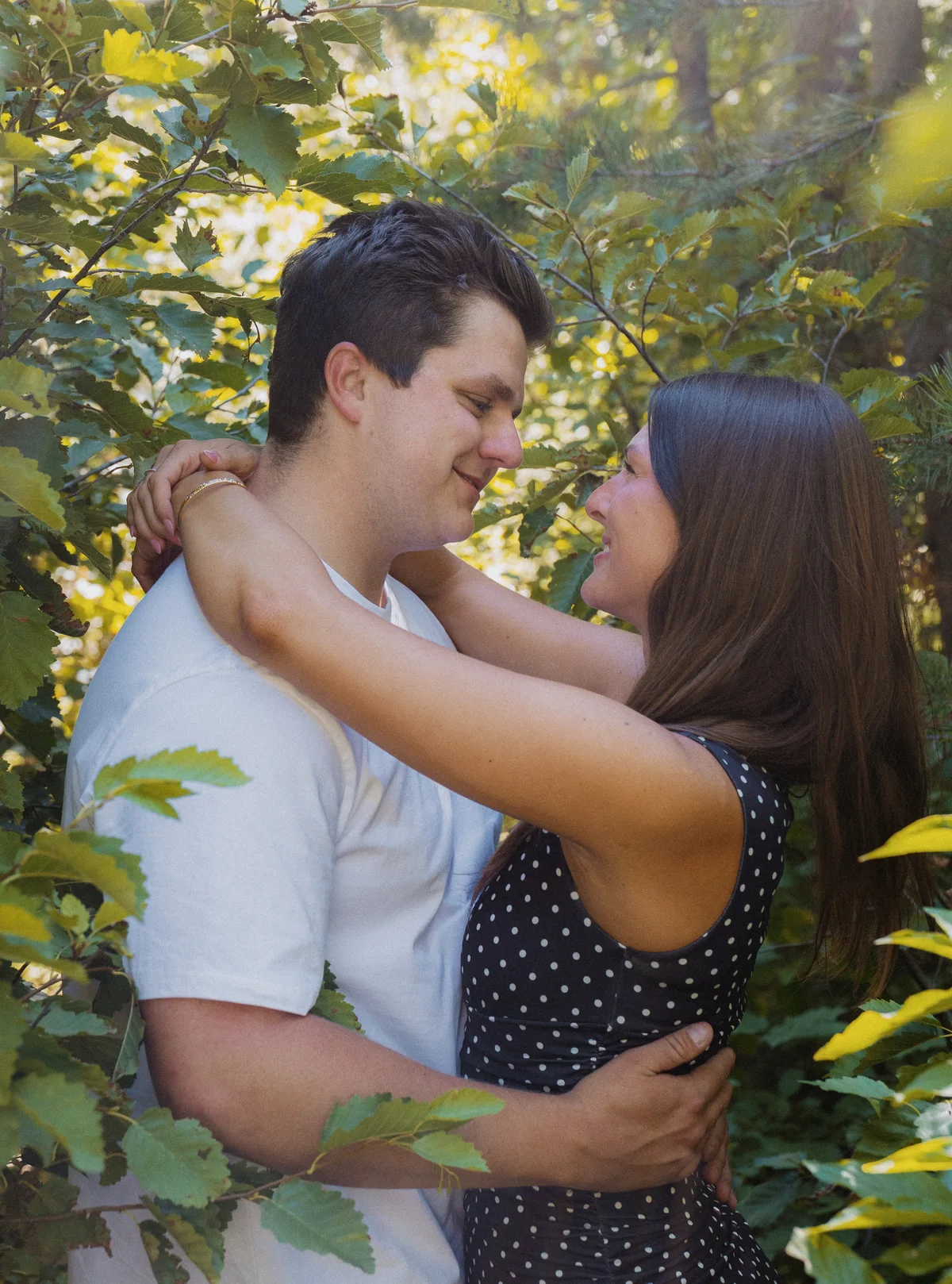 Couple embracing among sunlit green leaves