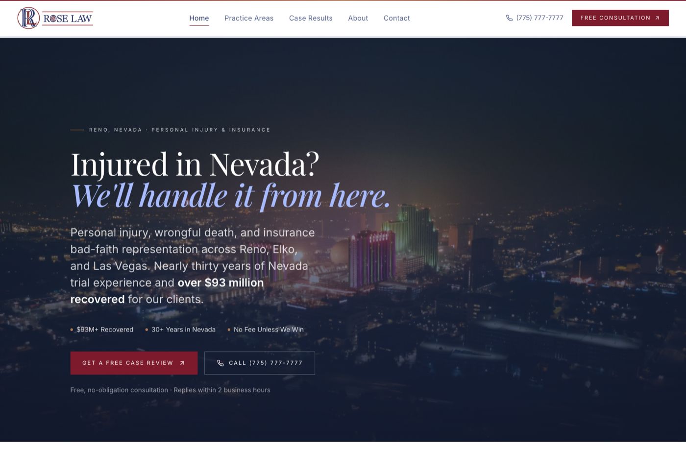 Screenshot of Rose Law Nevada's homepage